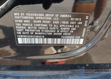 2012 Volkswagen Passat 2.0L Tdi Sel Premium from USA, damaged, VIN 1VWCN7A3XCC063218
